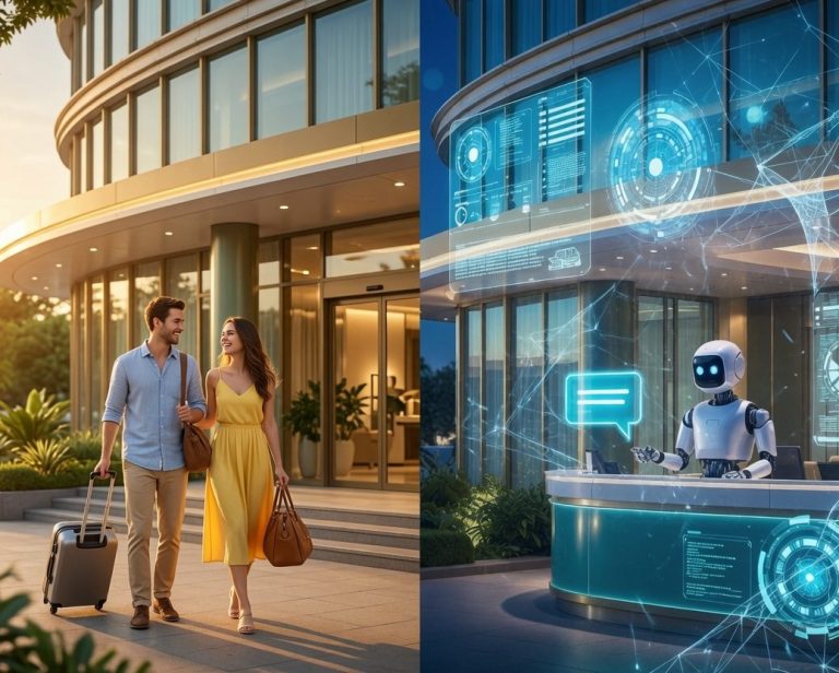 Split image: travelers arrive at a hotel entrance beside a futuristic AI-powered front desk
