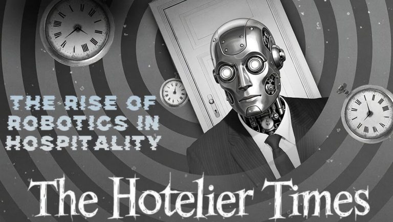 The rise of robotics in hospitality: a vintage-style robot in a suit surrounded by clocks, The Hotelier Times