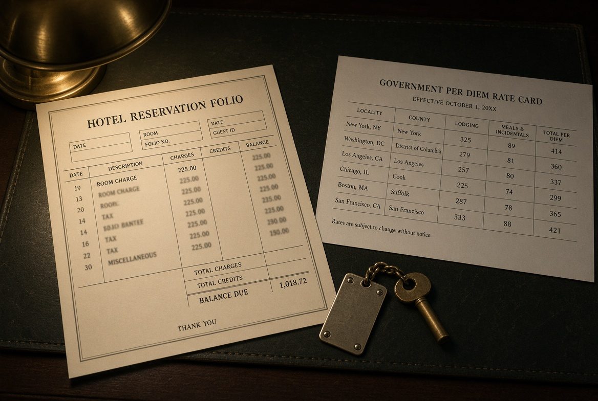 A hotel folio and government per-diem rate card on a front desk