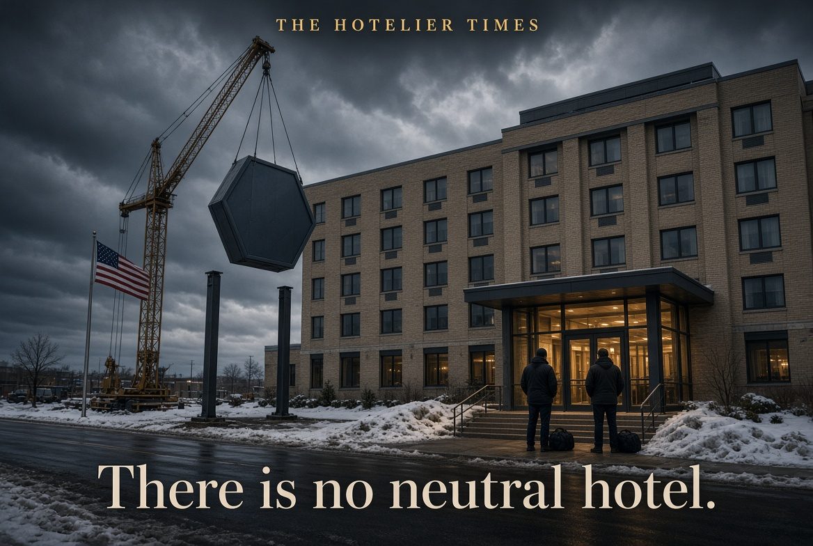 A hotel entrance under a crane as two travelers stand at the door in winter
