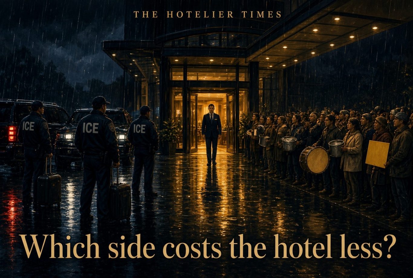 Hotel entrance in the rain as ICE agents and hotel workers face off