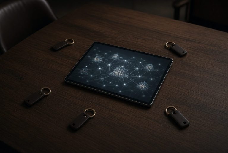 Hotel keys arranged around a tablet showing a network of connected properties
