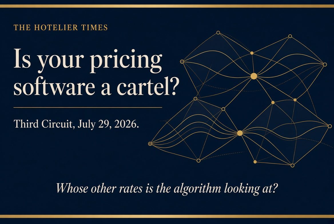 The Hotelier Times graphic asking whether hotel pricing software is a cartel after the Third Circuit ruling