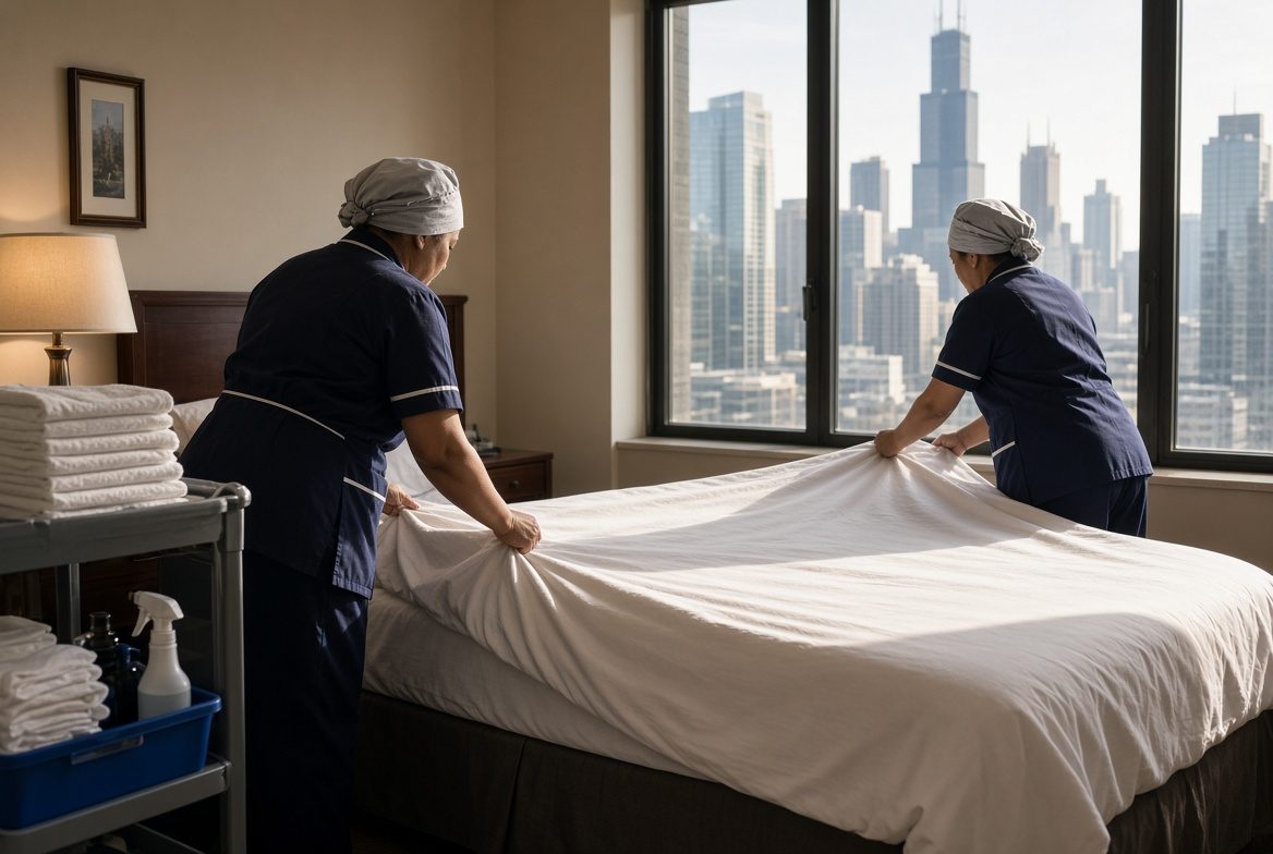 Two hotel housekeepers making a bed in a downtown high-rise room