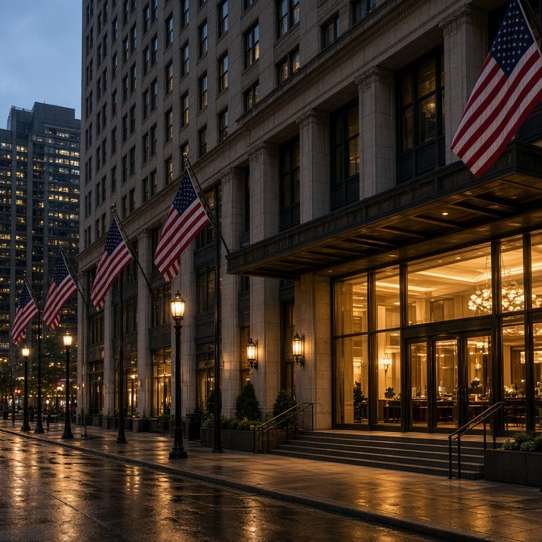 A downtown hotel facade at dusk with lobby light on a wet sidewalk