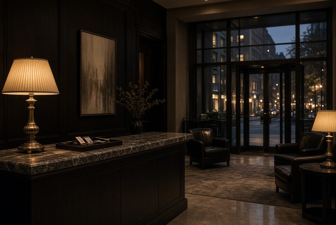 A quiet hotel lobby and front desk at dusk