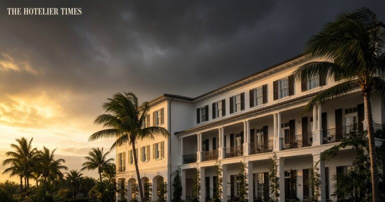 Gulf Coast hotel at dawn as storm clouds clear