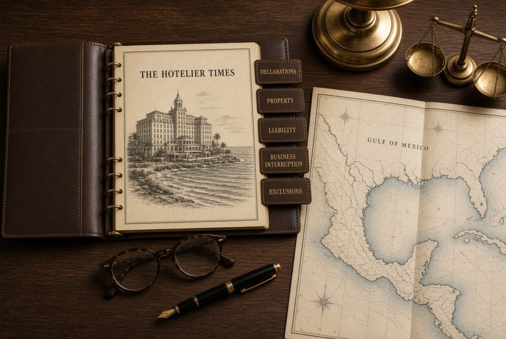Hotel insurance policy binder with tabs for declarations, property, liability, business interruption and exclusions, beside a map of the Gulf of Mexico