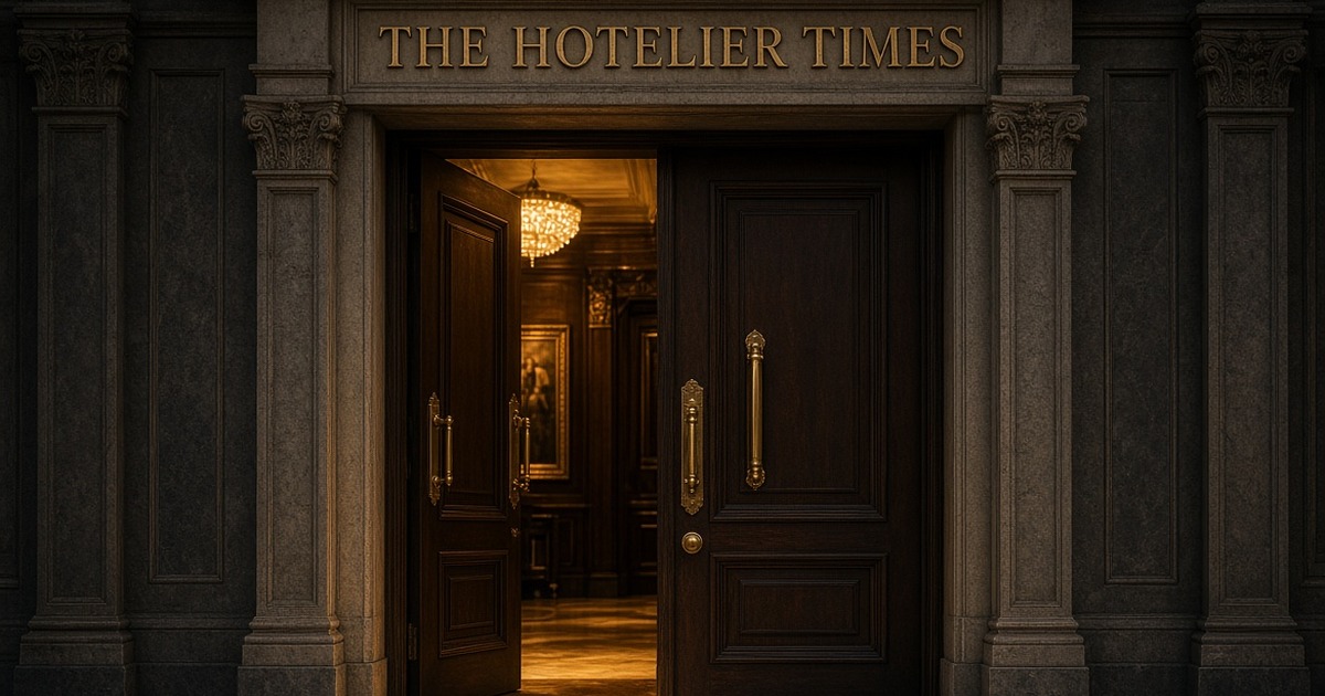 Grand hotel entrance with one door open to a lit lobby and one door closed, The Hotelier Times