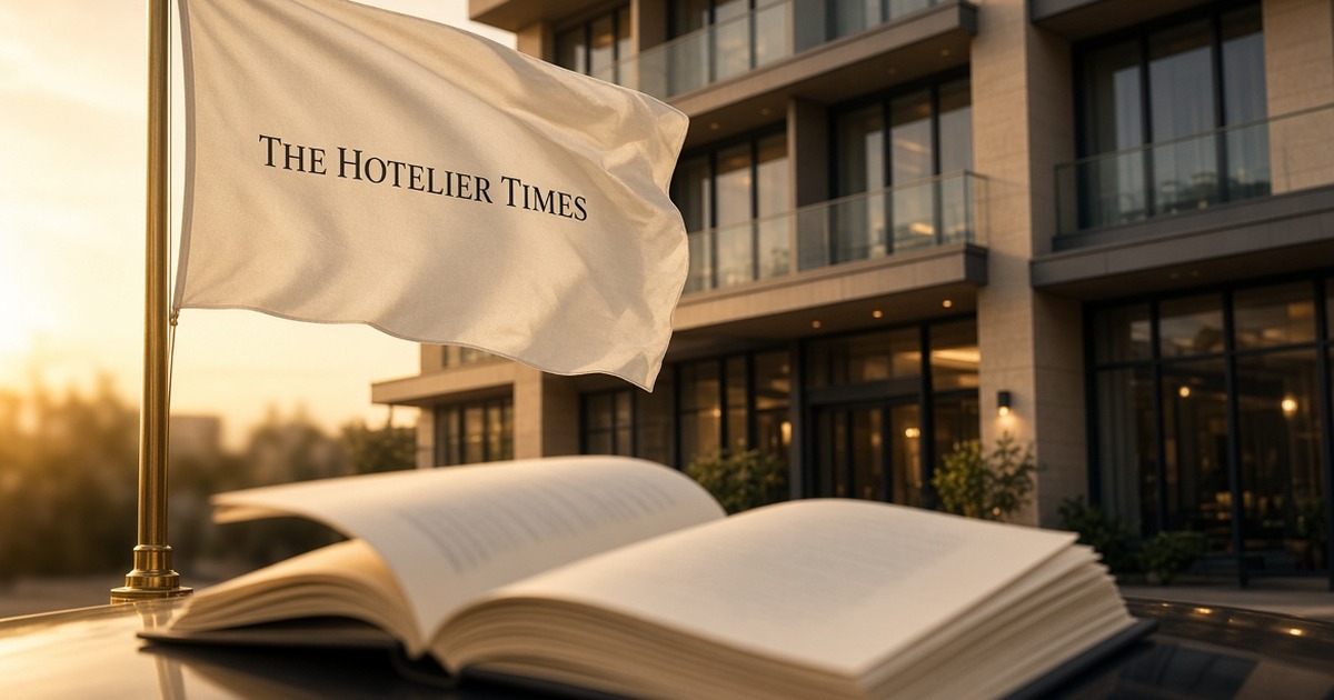 Flag reading The Hotelier Times in front of a hotel at sunset with an open franchise agreement in the foreground