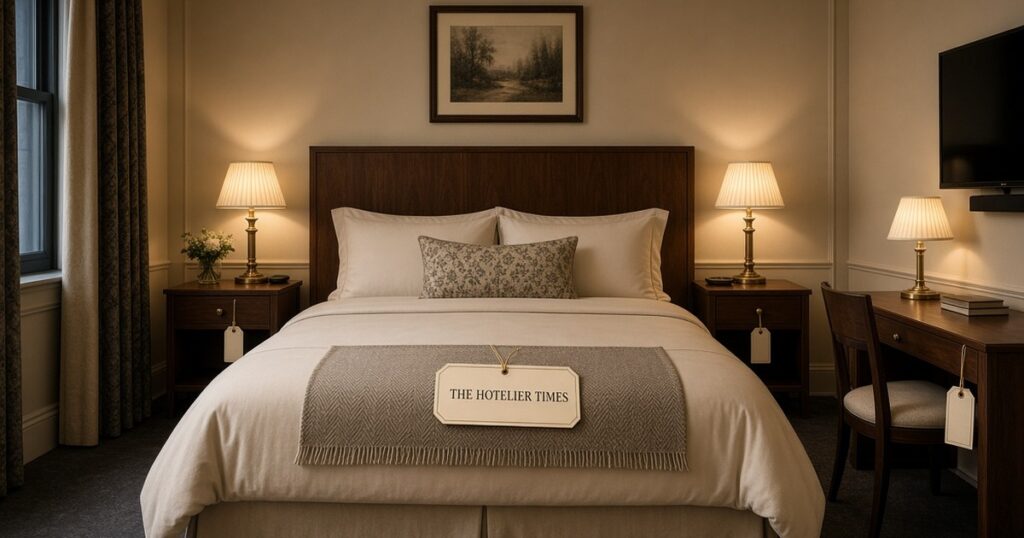 Hotel guest room with tags hanging from the bed, nightstands and desk