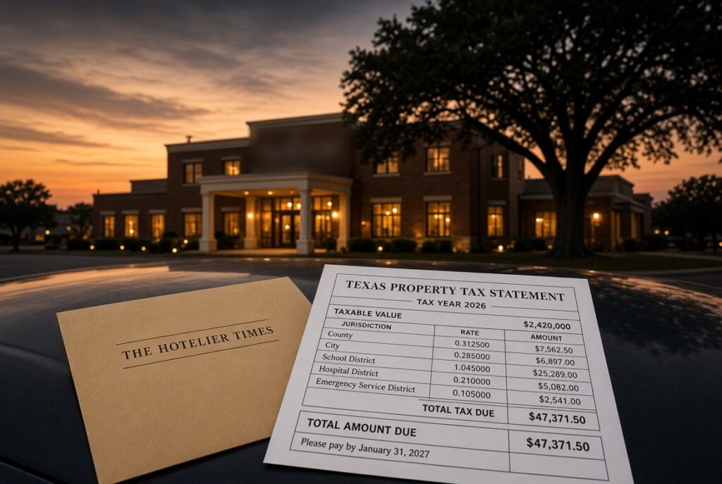 Texas property tax statement for tax year 2026 on a truck hood in front of a brick hotel at dusk