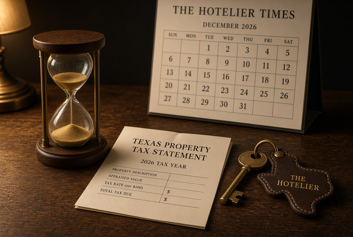 Hourglass, December 2026 calendar and Texas property tax statement on a desk, The Hotelier Times