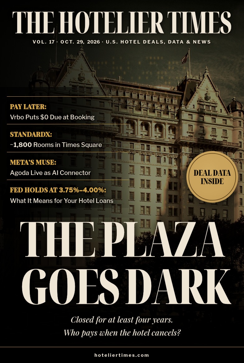 The Hotelier Times cover, Vol. 17, Oct. 29, 2026: The Plaza Goes Dark