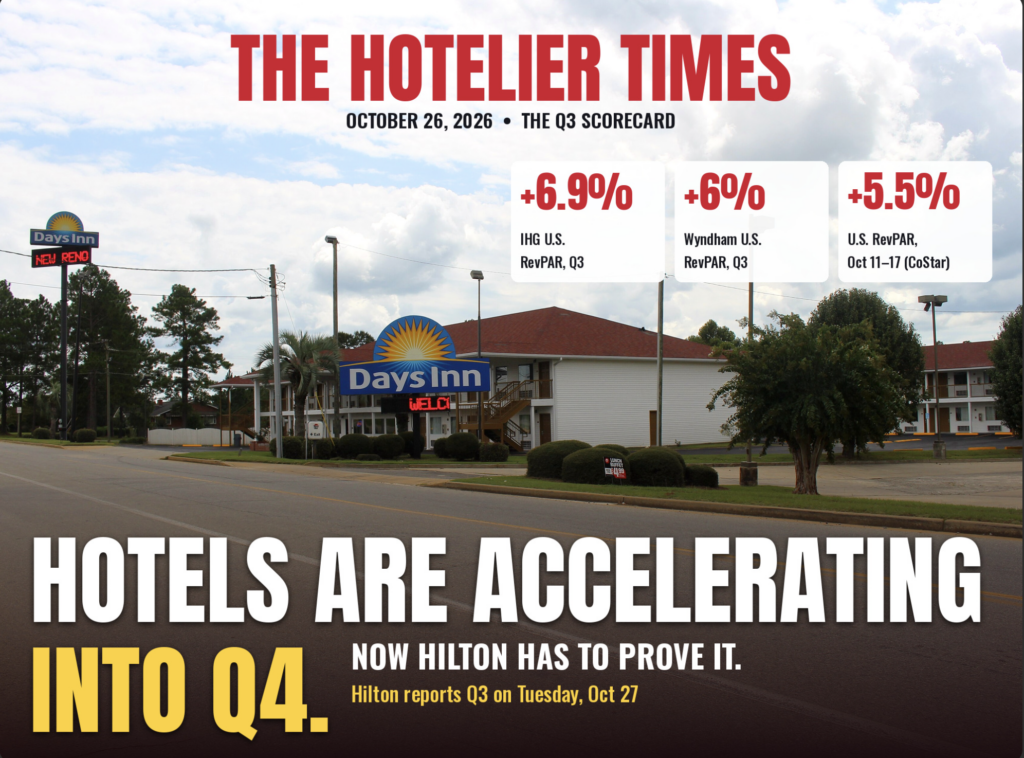 The Hotelier Times Q3 Scorecard cover: a Days Inn roadside hotel with IHG U.S. RevPAR +6.9%, Wyndham U.S. RevPAR +6% and CoStar U.S. RevPAR +5.5%, headlined "Hotels are accelerating into Q4"