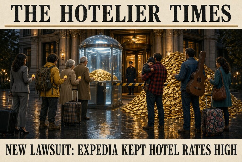 Illustration: travelers drop gold coins into a toll booth outside a grand hotel entrance