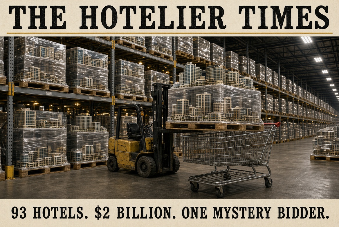Illustration: shrink-wrapped pallets of miniature hotels in a warehouse store, The Hotelier Times