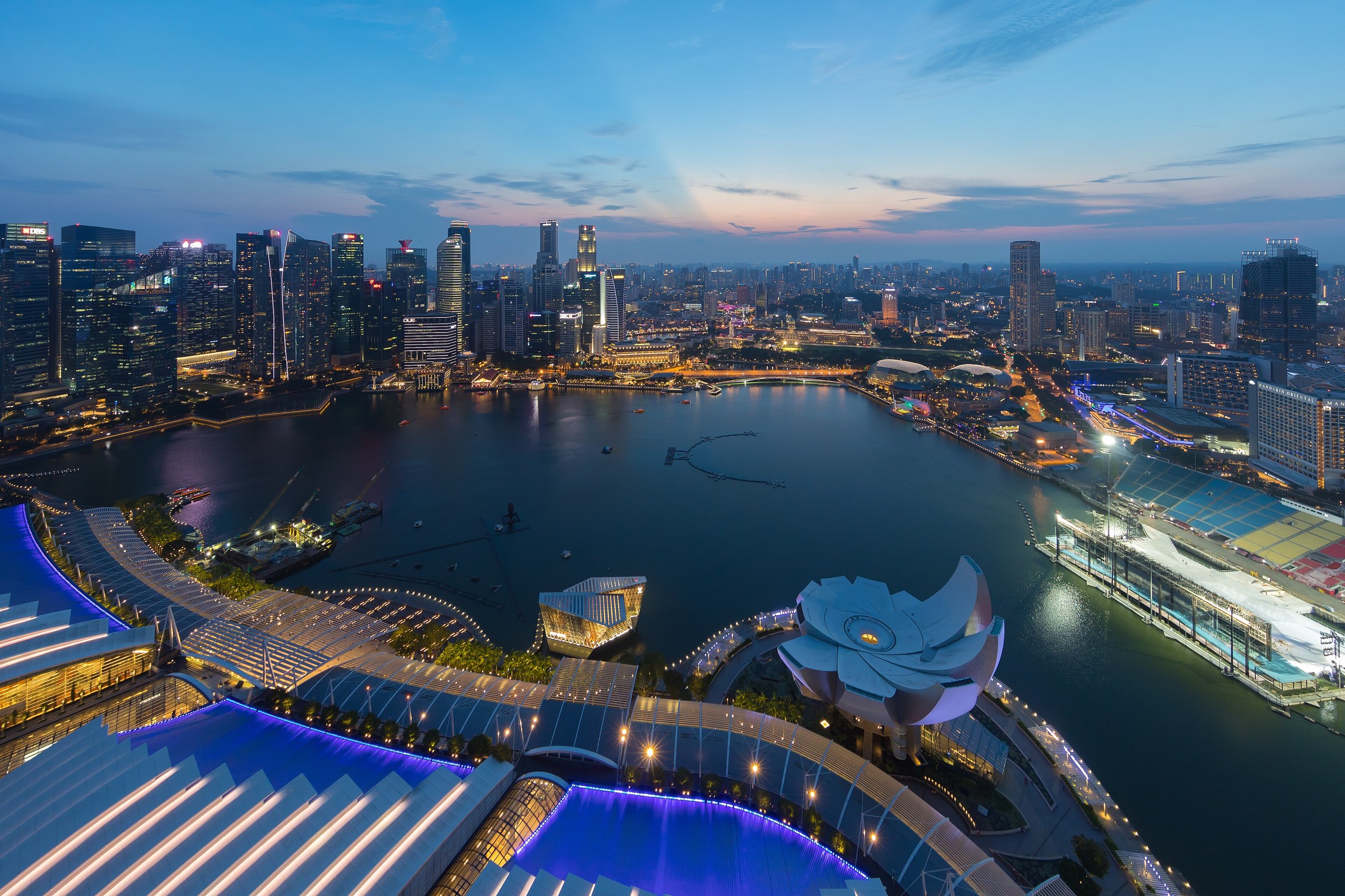 Singapore's Marina Bay and Central Business District skyline at dusk