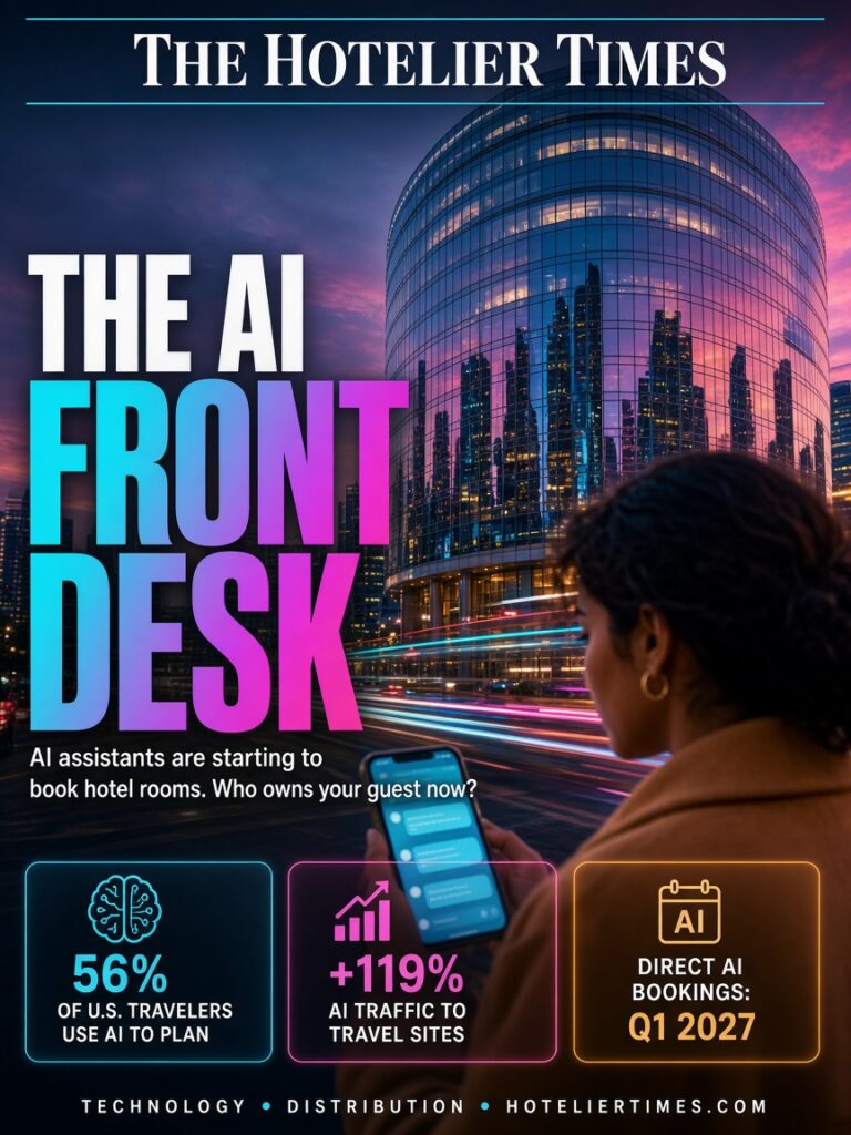 A traveler checks an AI chat on her phone beneath a glass hotel tower reflecting the city at dusk, on a Hotelier Times cover headlined "The AI Front Desk."