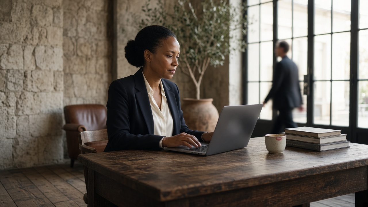 A boutique hotel general manager works on a laptop at a wooden lobby desk with stone walls and daylight.