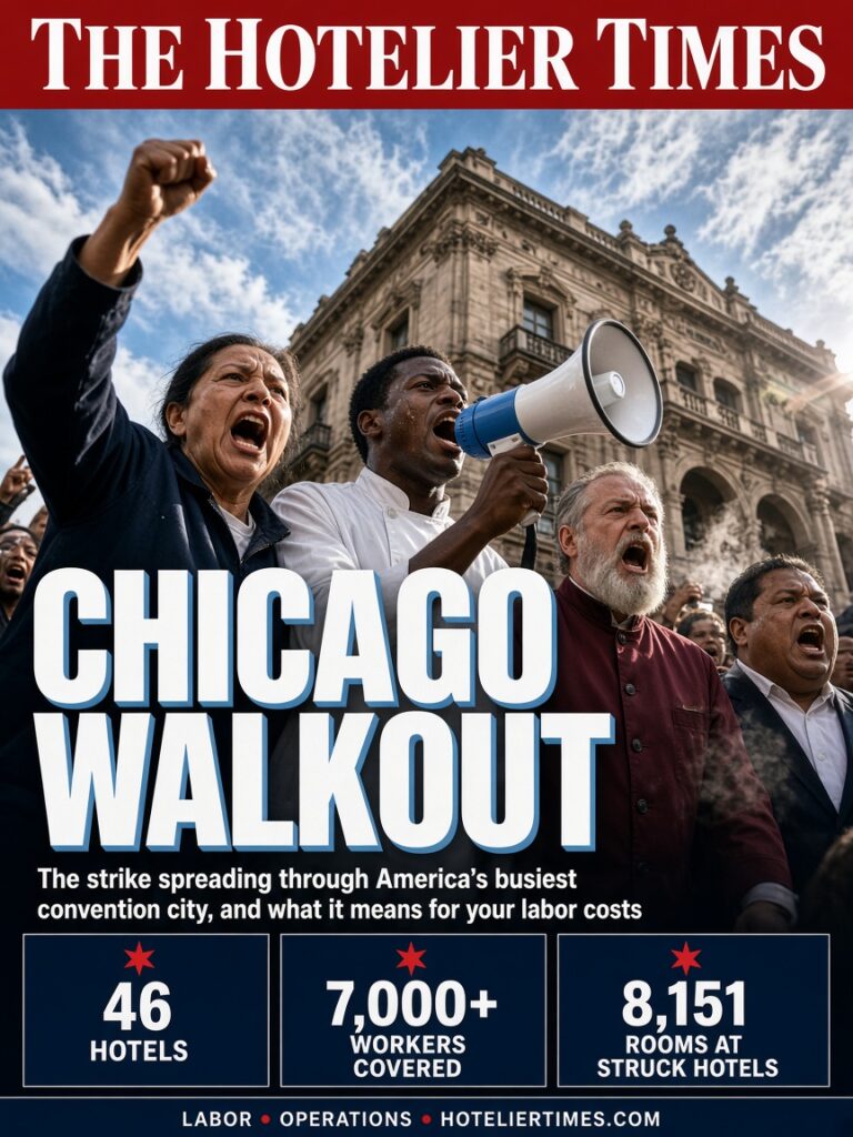 Low-angle view of hotel workers shouting with raised fists and a megaphone in front of a historic hotel, on a Hotelier Times cover headlined "Chicago Walkout."