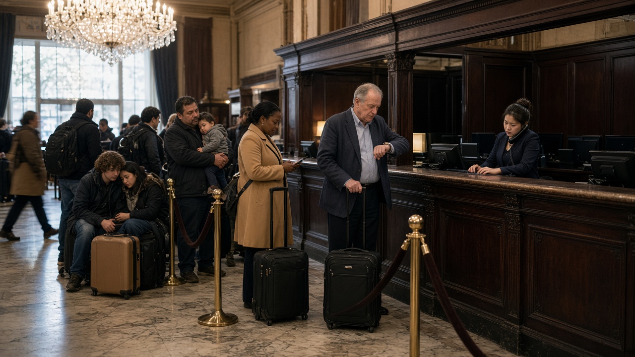 Guests with suitcases wait in a long line at a luxury hotel front desk staffed by a single clerk.