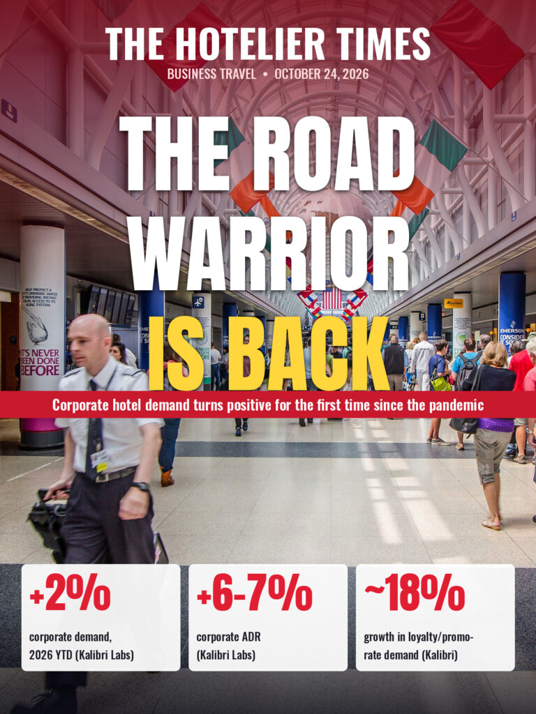 Travelers and a pilot pulling a suitcase through a sunlit O'Hare airport concourse hung with flags, with the headline "The Road Warrior Is Back"
