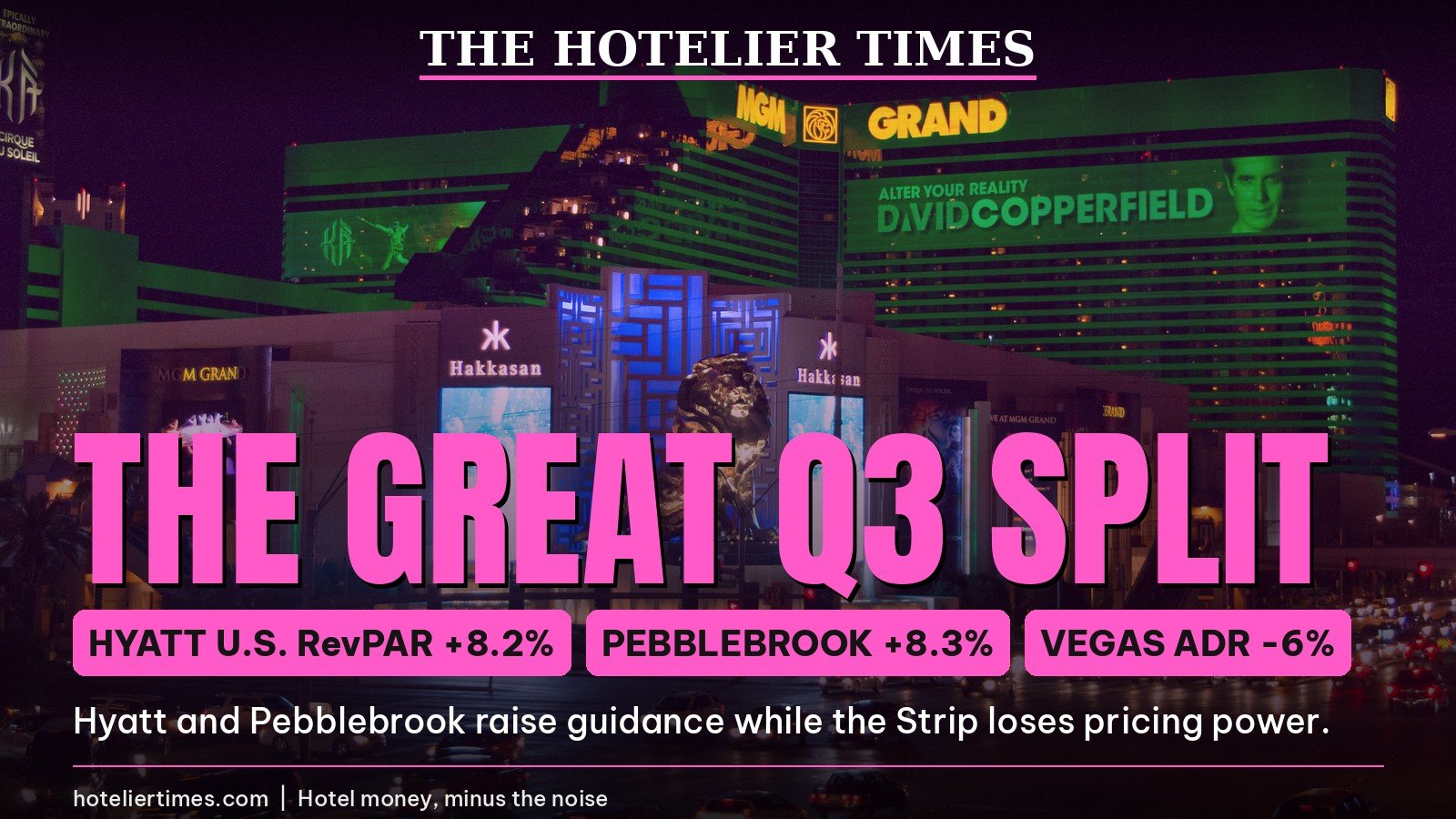 MGM Grand Las Vegas Strip at night with headline about the Q3 earnings split