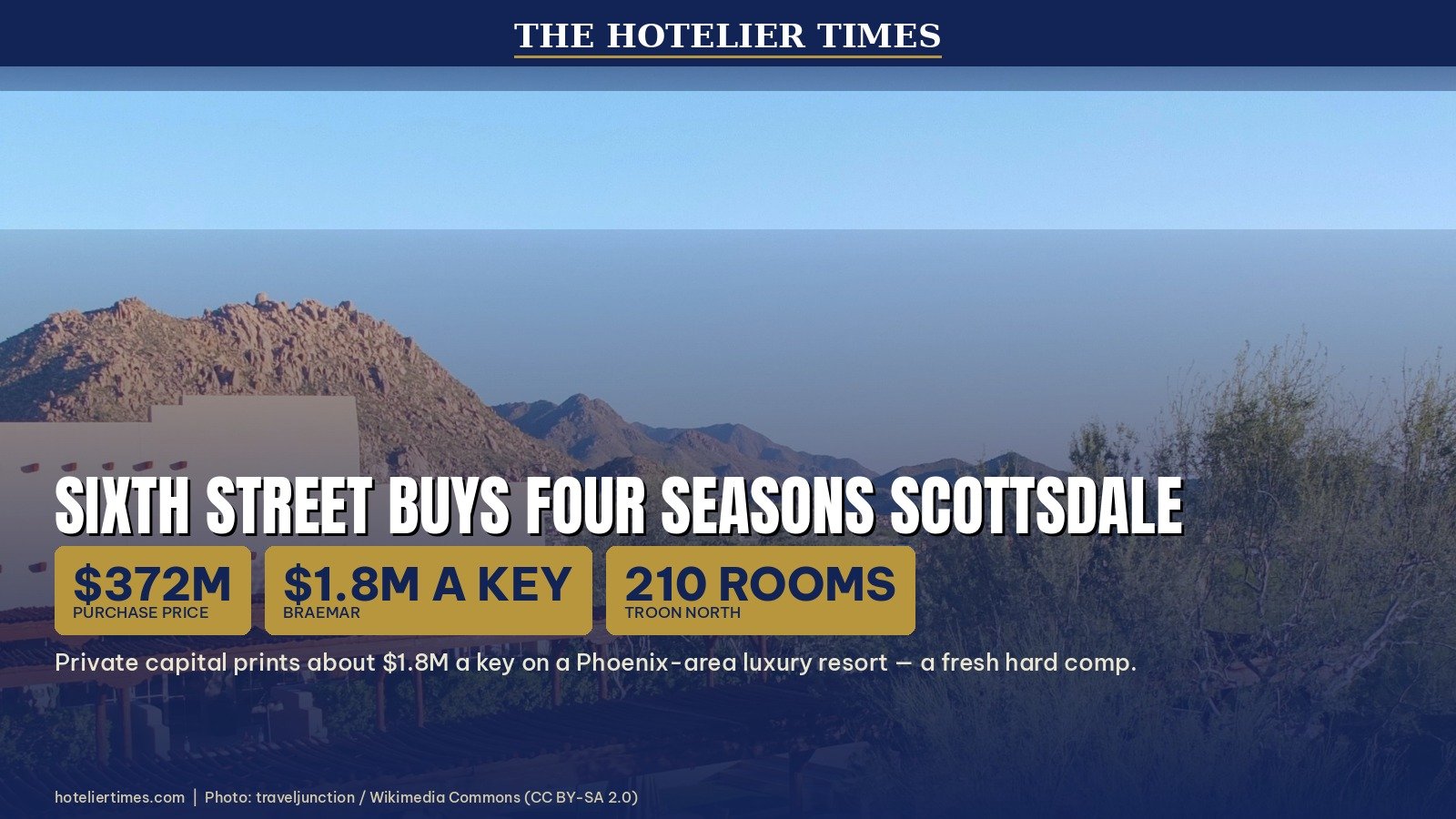 Four Seasons Resort Scottsdale at Troon North with Pinnacle Peak behind branded Hotelier Times cover stats $372M and $1.8M a key