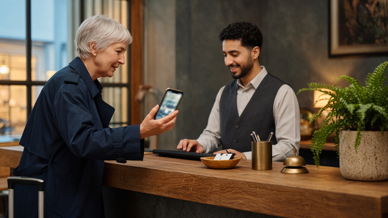 A guest shows a booking confirmation on her phone to a smiling front desk agent at a boutique hotel.