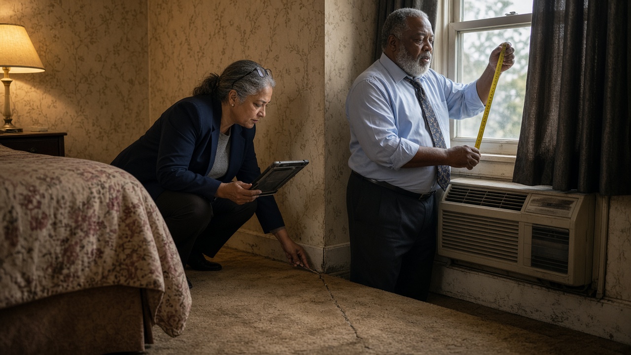 A hotel appraiser inspects worn carpet while a colleague measures a window in a dated hotel guest room.