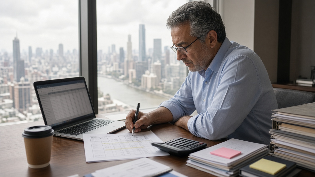 A hotel owner reviews printed labor-cost spreadsheets with a pen in a high-rise office overlooking the city.