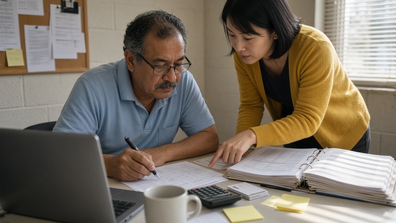 A hotel owner reviews financial documents as his general manager points to renovation estimates in a back office.