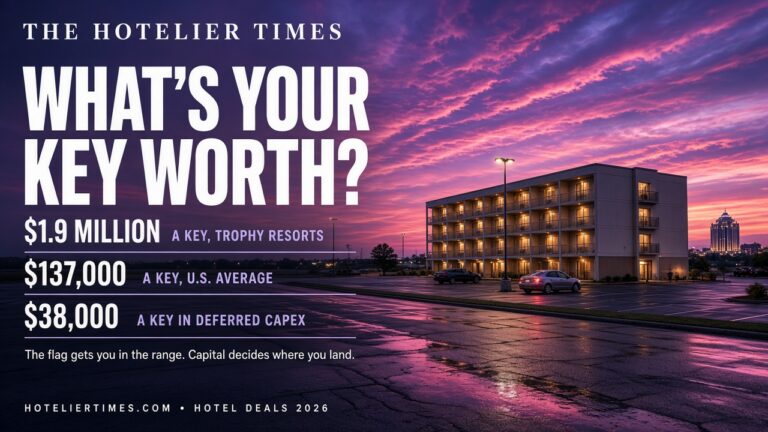 A select-service hotel and parking lot under a vivid pink and purple sunset, with the headline "What's Your Key Worth?" and three per-key price stats.