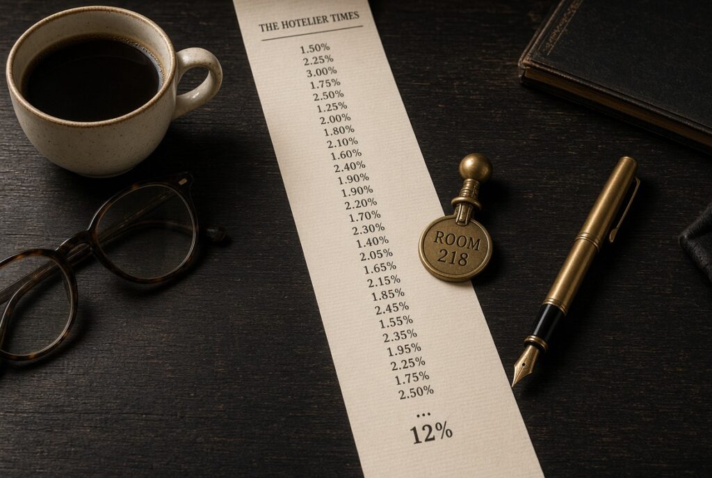 Adding-machine tape of fee percentages ending at 12 percent, with a hotel room key and fountain pen