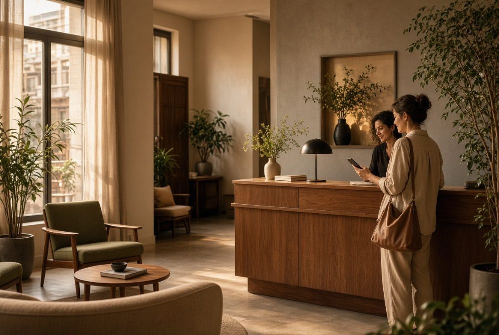 Guest checking in at a boutique hotel front desk