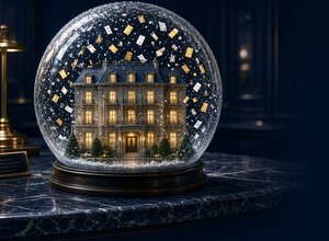Snow globe with a lit hotel and falling bills — RestAssure™ guest hold example