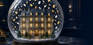 Snow globe with a lit hotel and falling bills — RestAssure™ guest hold example