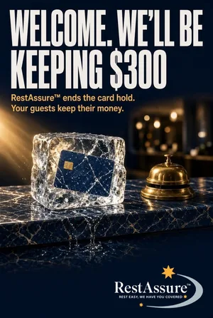 RestAssure: Welcome. We'll be keeping $300. RestAssure ends the card hold.