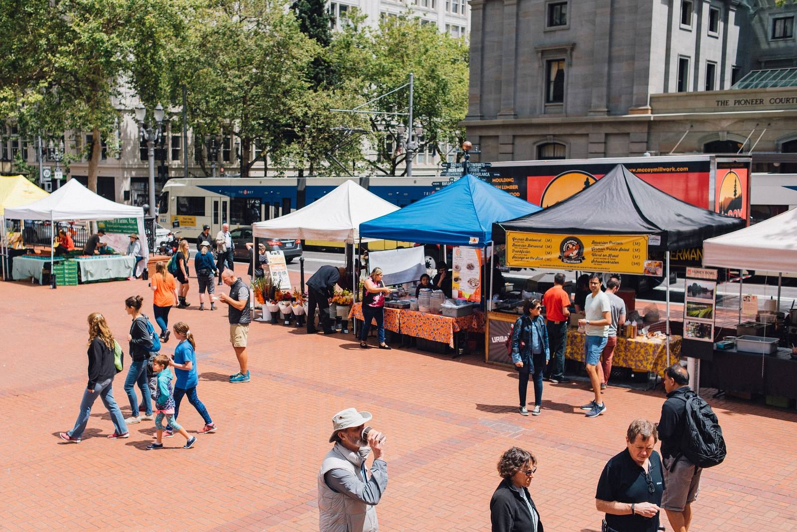 Pioneer Courthouse Square and light rail in downtown Portland