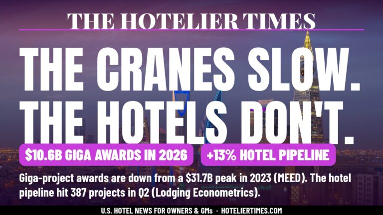 Cover A (1600x900, 16:9): Riyadh skyline with Kingdom Centre and Al Faisaliah Tower under a purple dusk sky, headline 'The Cranes Slow. The Hotels Don't.'