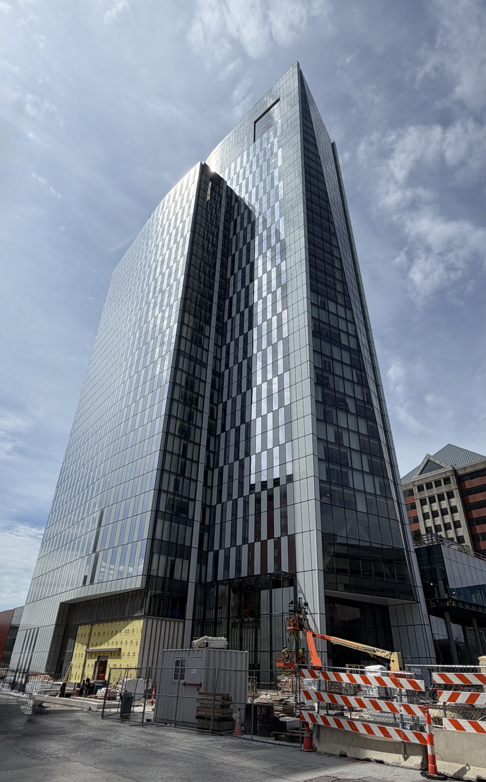 The 38-story Signia by Hilton Indianapolis tower nearing completion downtown, August 2026