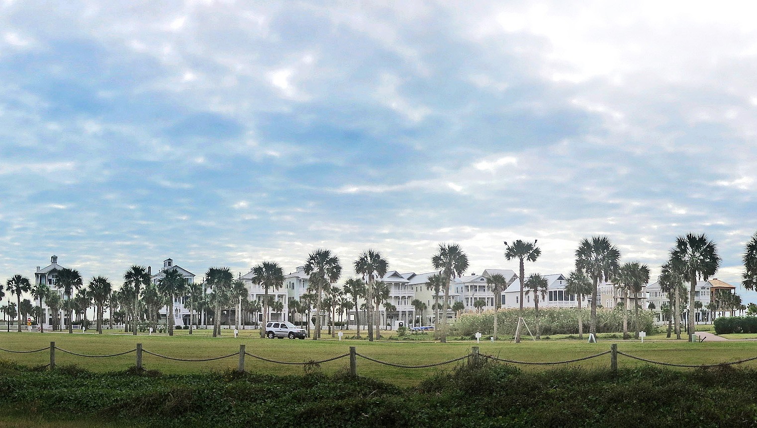 Row of large stilt beach houses and palm trees on Galveston's East Beach, Texas, under an open sky