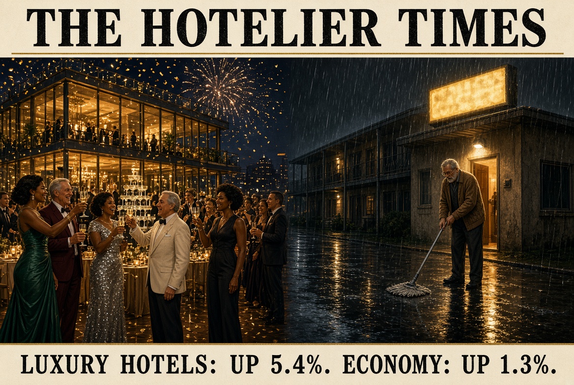 Illustration: a rooftop champagne party at a luxury hotel across the street from a motel owner mopping in the rain, The Hotelier Times